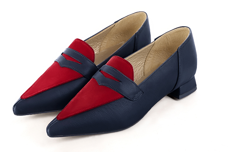 Navy blue and cardinal red women's essential loafers. Pointed toe. Flat flare heels - Florence KOOIJMAN
